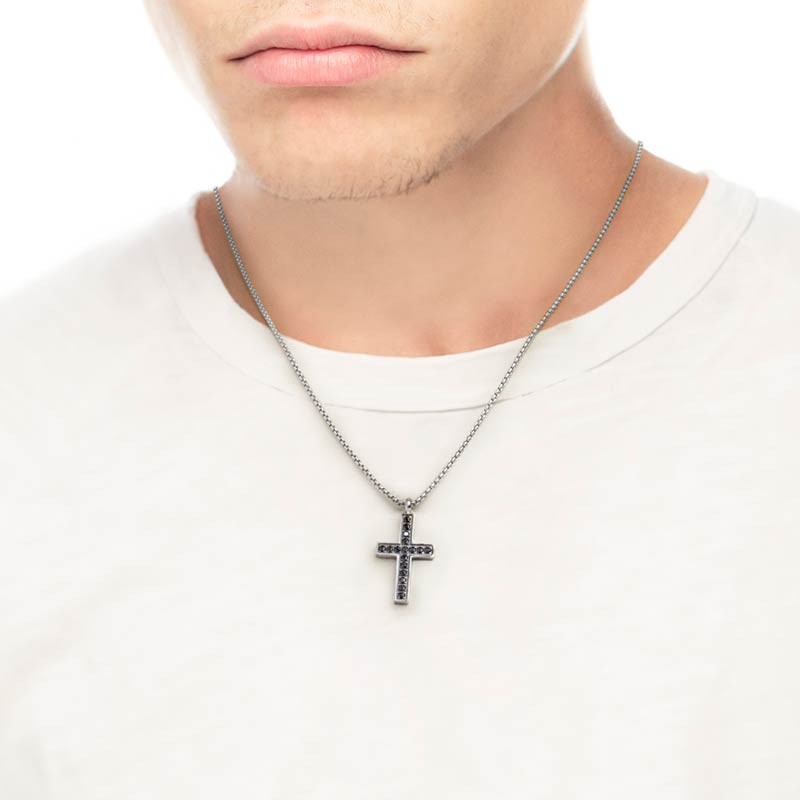 Collana unisex Marlù in acciaio con pendente a croce e zirconi neri 1CN0004-N