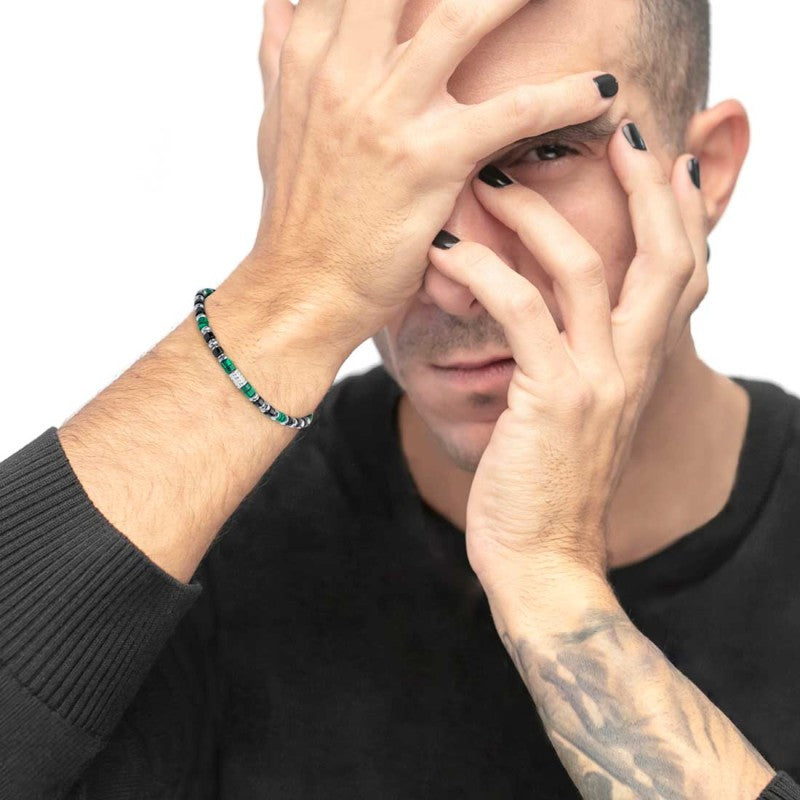 Bracciale uomo Marlù in acciaio con malachite e onice nero 30BR0007
