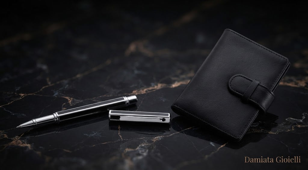 Set di Ottaviani penna a sfera in acciaio e porta carte in pelle nera ref. 84187