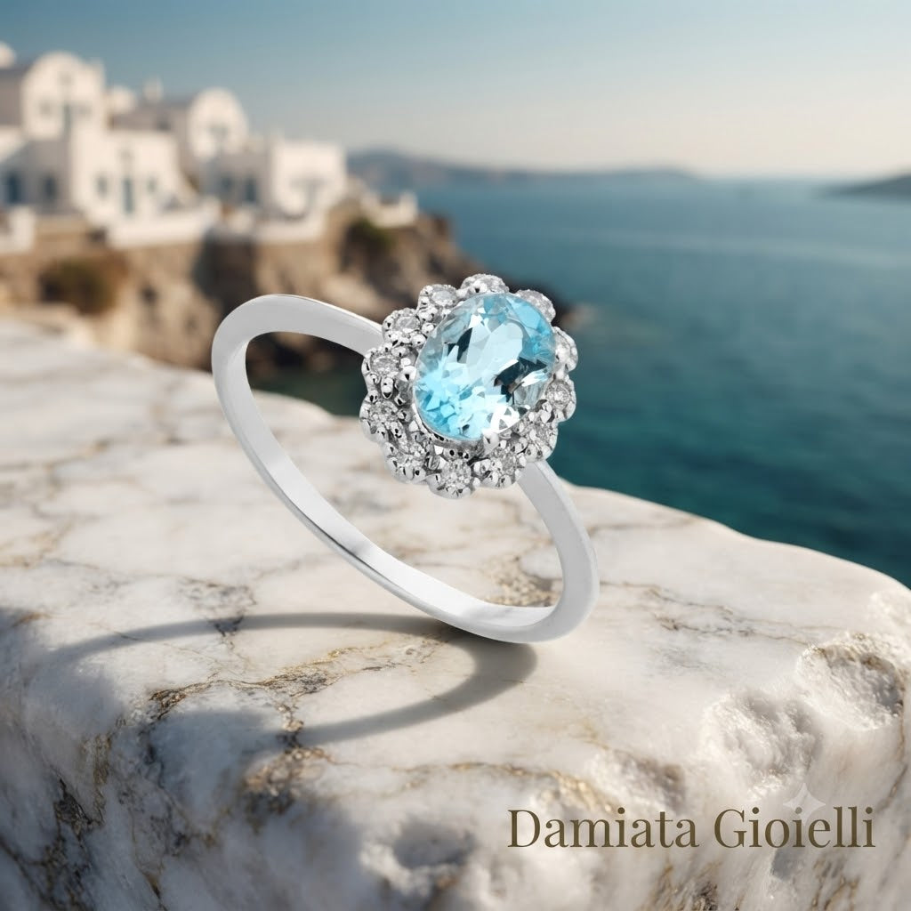 Anello donna Lucciole Gioielli in oro bianco, diamanti e acquamarina ANFOXOV/4A