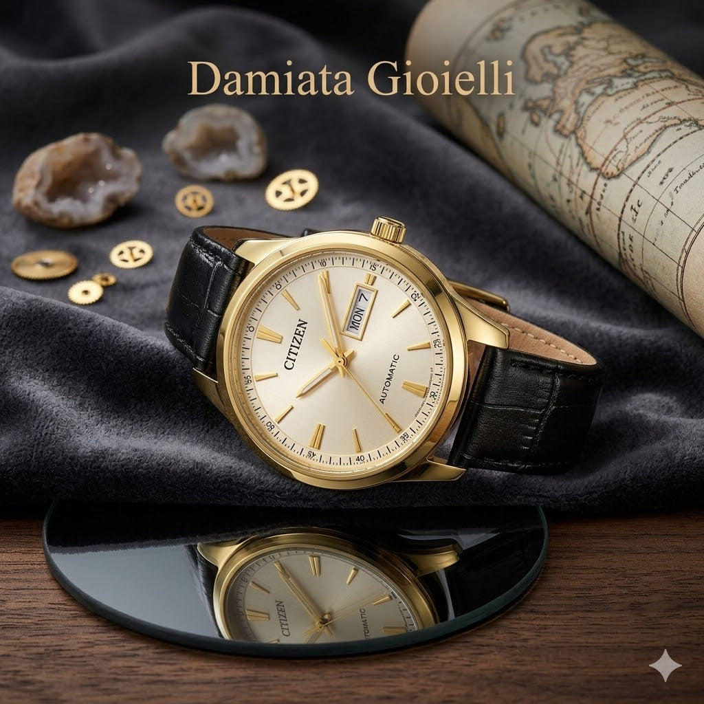 Orologio solo tempo automatico uomo Citizen "OF" in acciaio dorato e pelle NY4059-09A