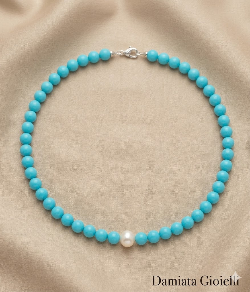 Collana donna Orelù filo di turchese e perla con chiusura in argento 925% ref. CL0001PDTP/1
