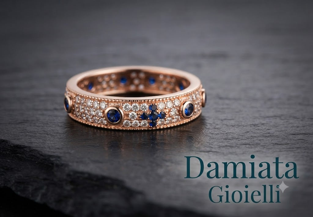 Anello rosario unisex Orelù in argento rosè con zirconi bianchi e blu ref. FED1BLUROS