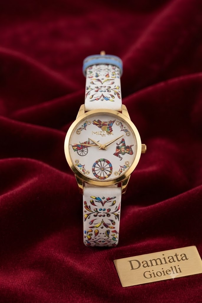 Orologio solo tempo donna Mizzica Quattro Simboli in acciaio dorato e pelle MB191