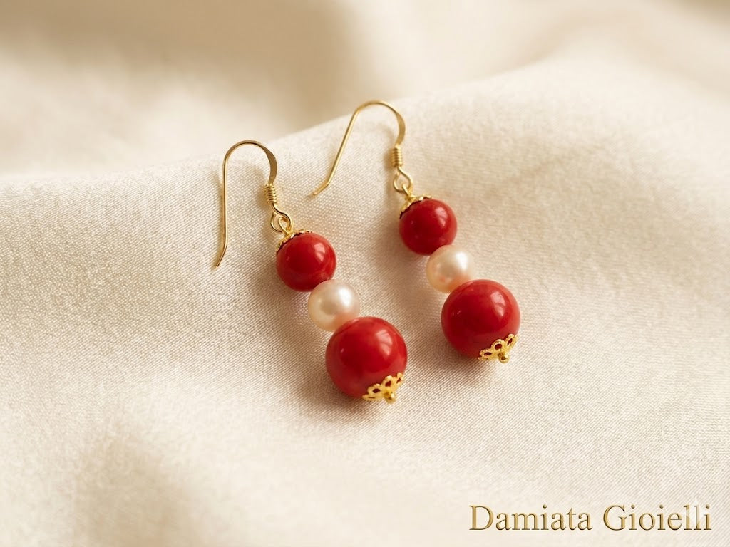 Orecchini pendenti donna Orelù Gioielli in argento dorato e corallo rosso ref. OR0001CRP